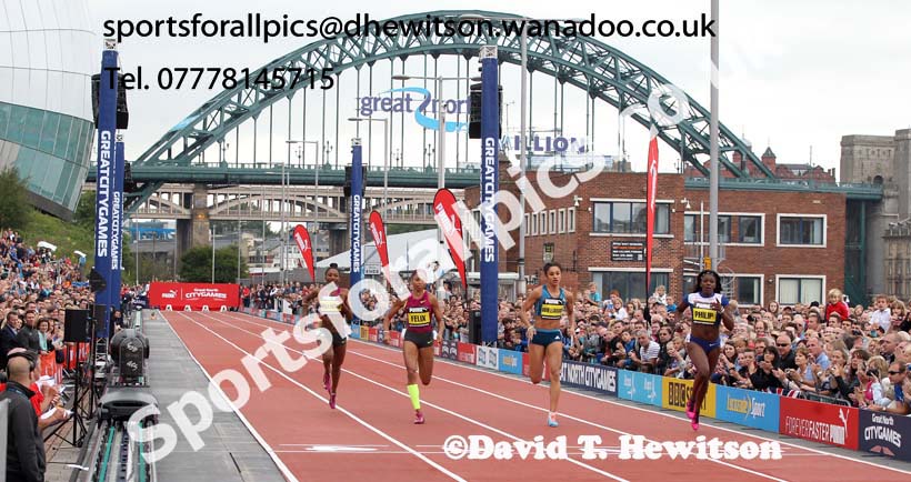 From left to right: Bianco Williams, Allyson Felix, Jodie Williams and winner Asha Philip, womens 150 metres, Great North CityGames. Photo: David T. Hewitson/Sports for All Pics